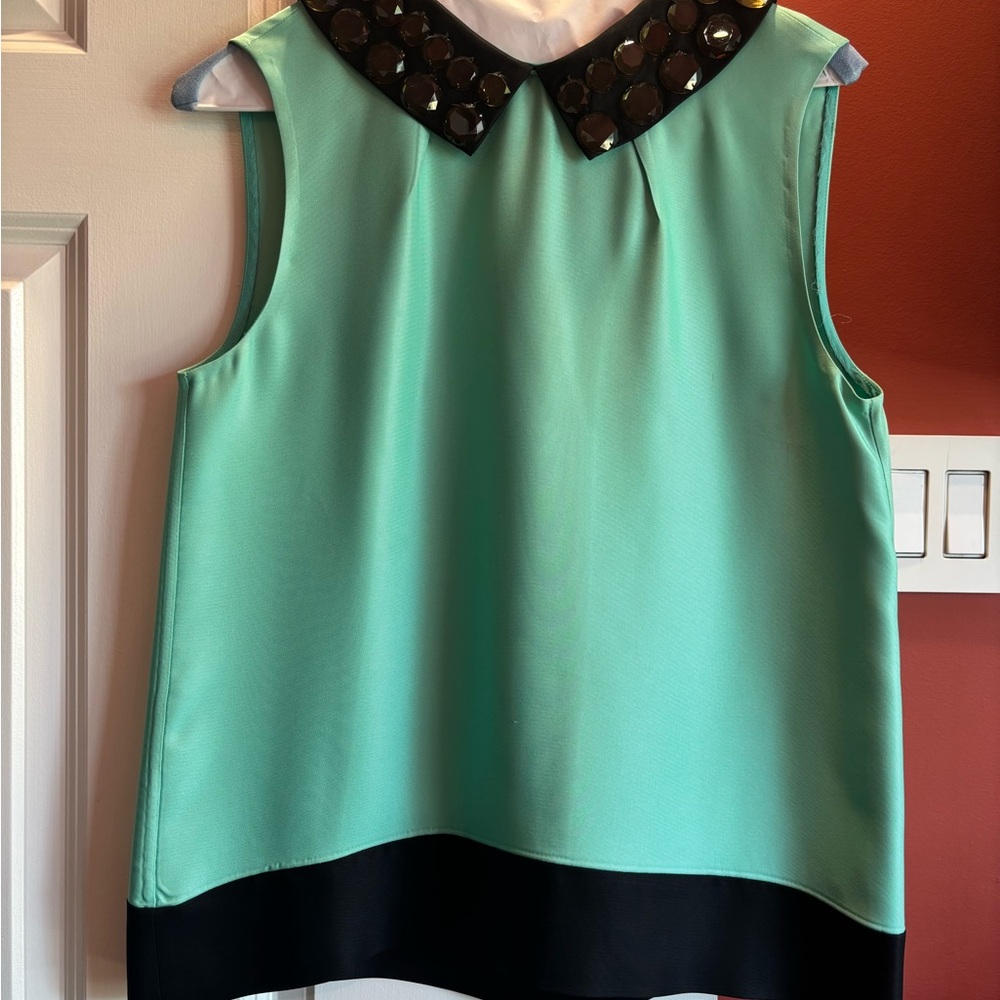 Kate Spade Green Sleeveless Embellished Blouse with Peter Pan Collar